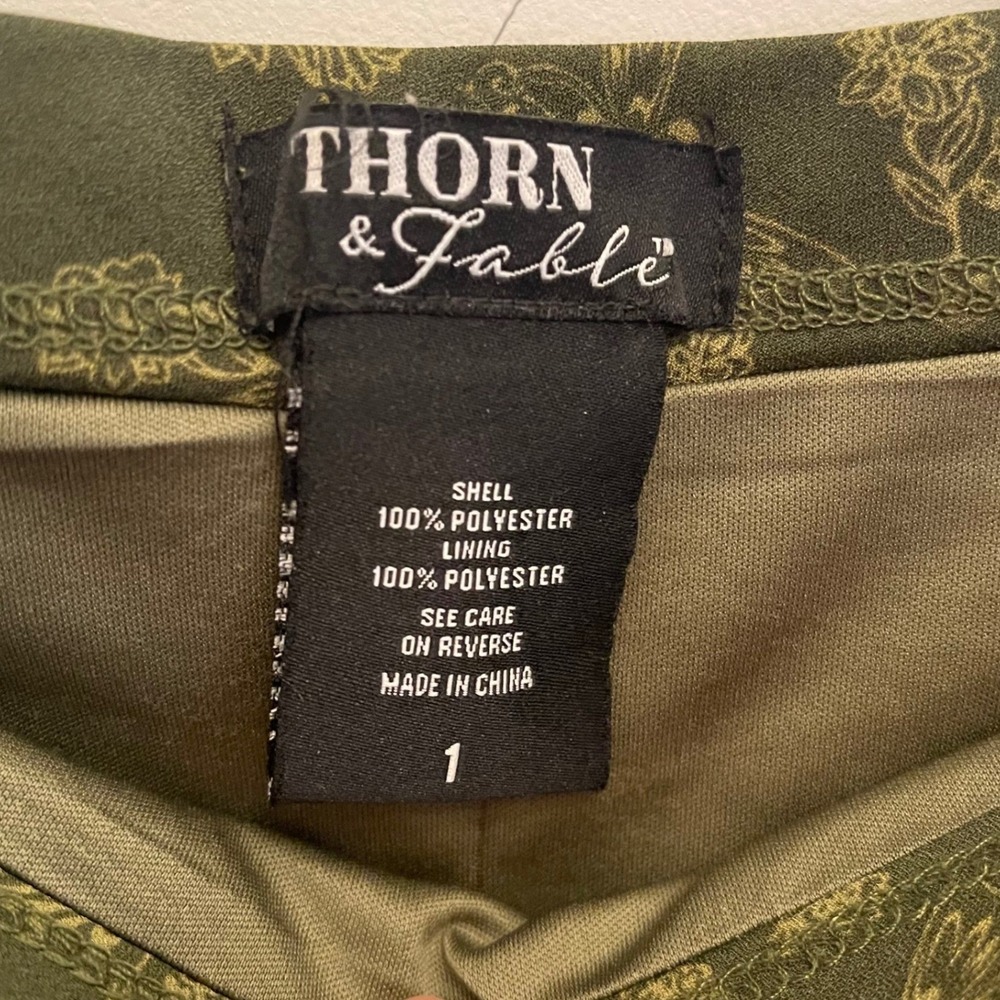 Thorn & Fable Olive Green Skeleton Fairy Print Handkerchief Hem Midi Skirt 1X - Picture 3 of 7